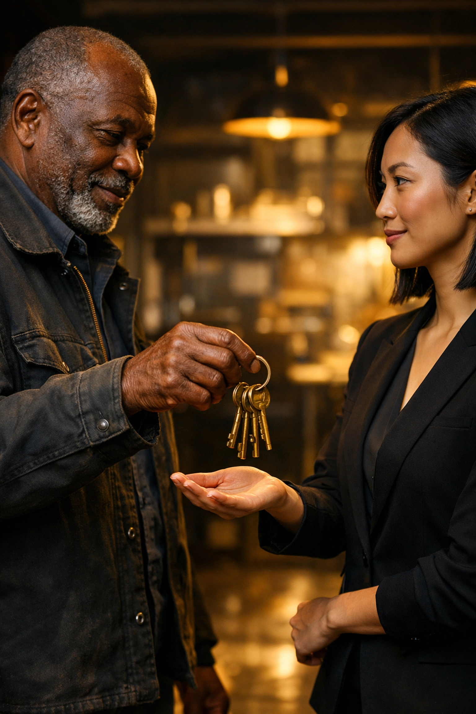 Business owner handing keys to a successor, representing a successful ownership transition and community impact.