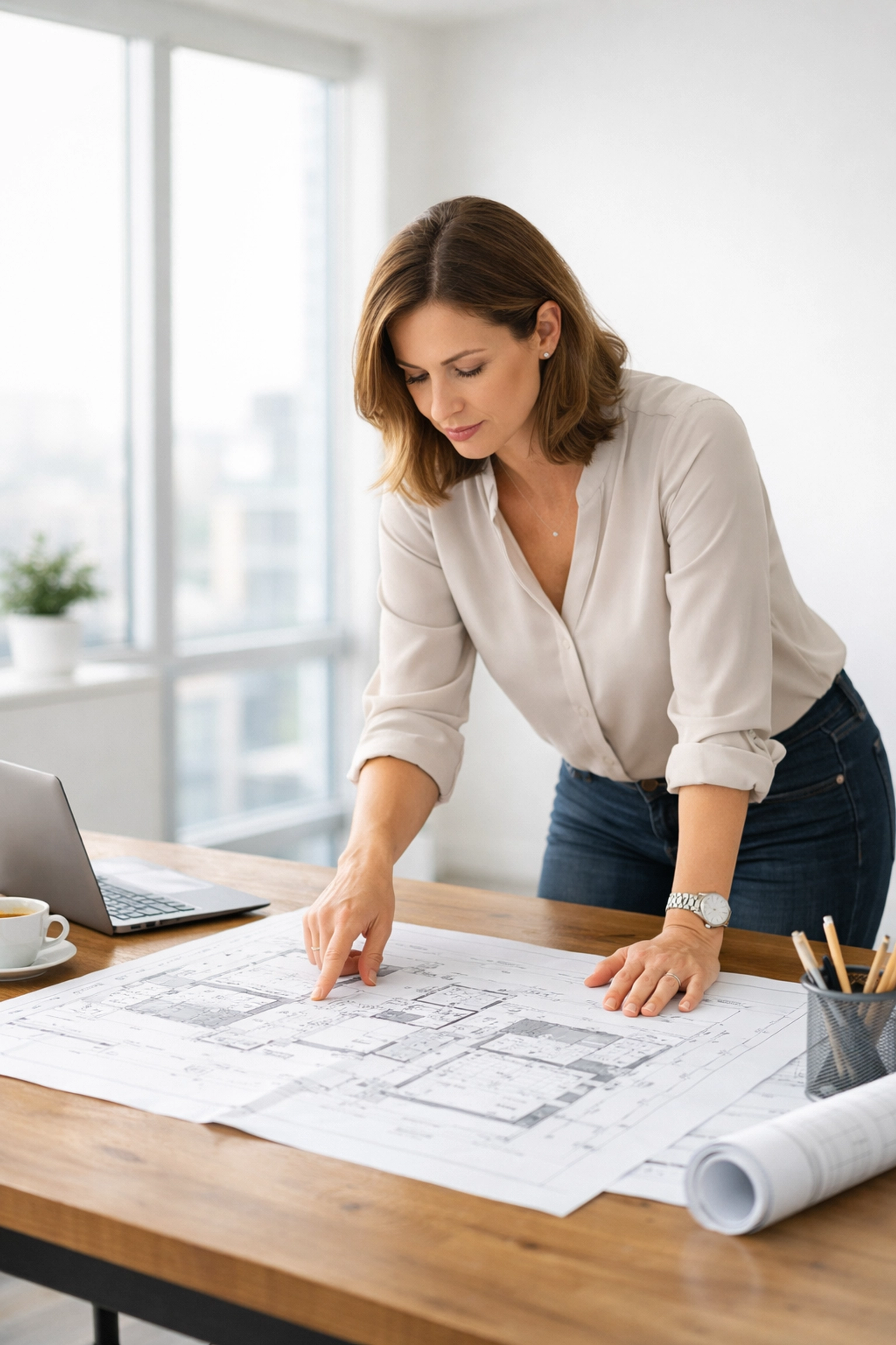 Professional reviewing blueprints for construction project management services and feasibility.