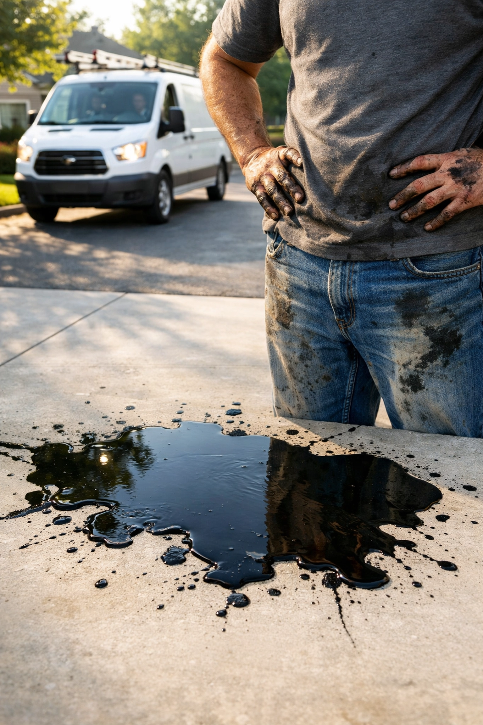 Green Bay auto repair specialist arriving to fix a messy oil leak and DIY maintenance mistake.