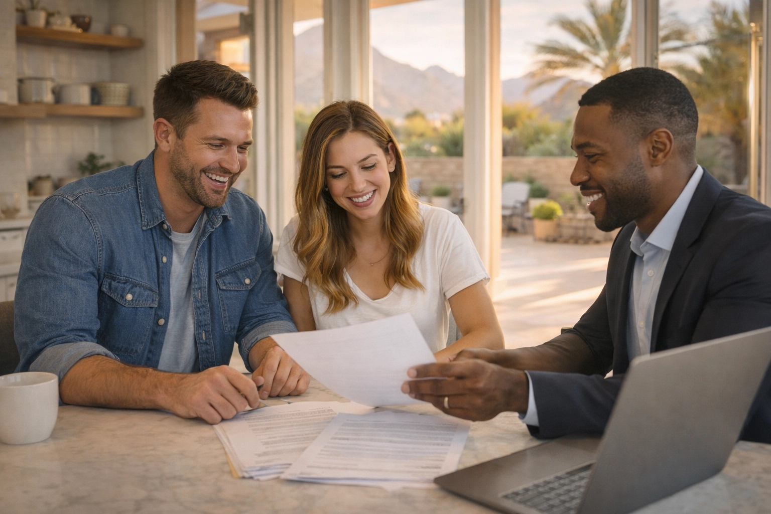 Phoenix-area homebuyers reviewing purchase paperwork with an agent/lender in a bright, modern Arizona home setting (2026).