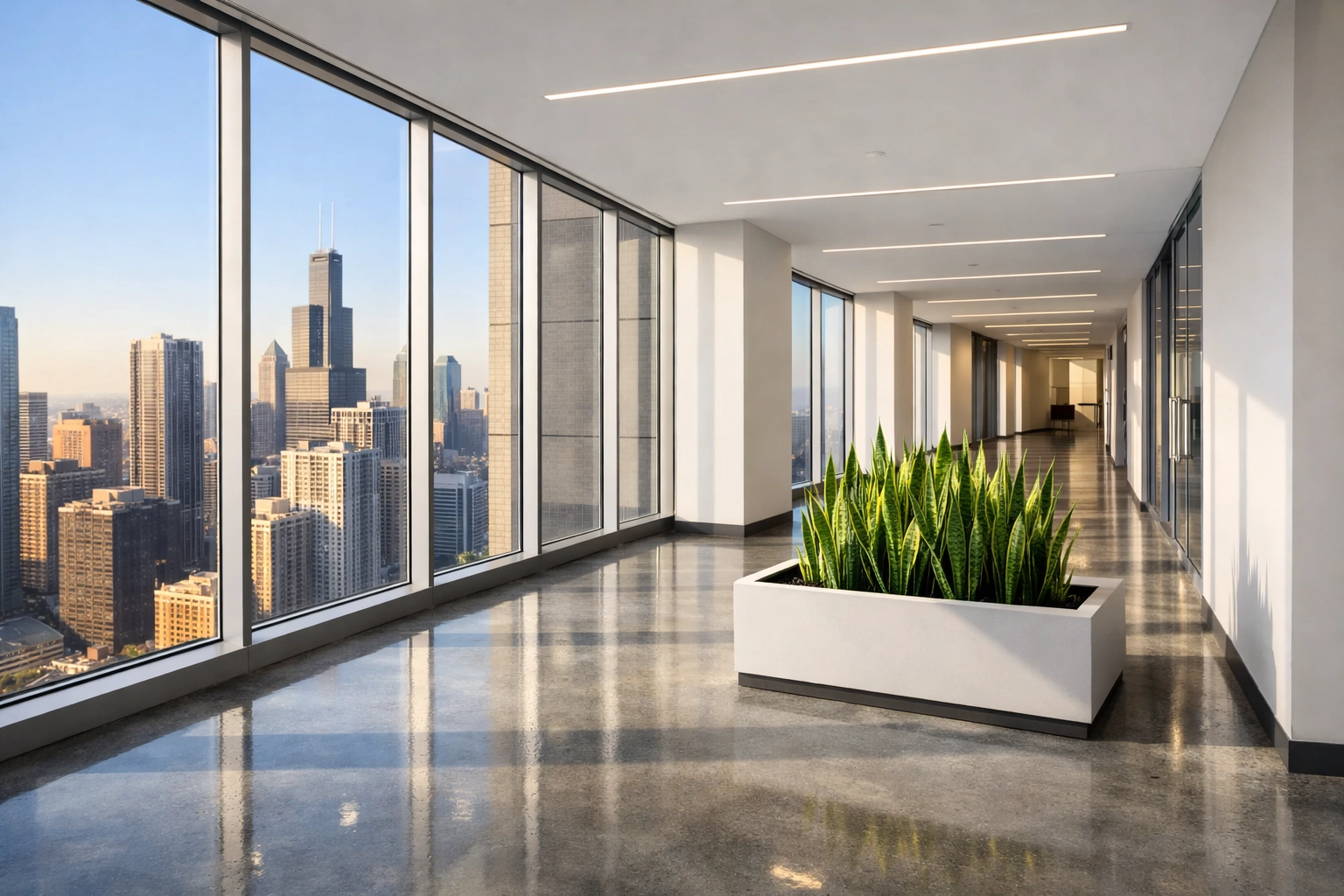 Clean, polished office corridor in a Chicago high-rise reflecting professional property management standards.