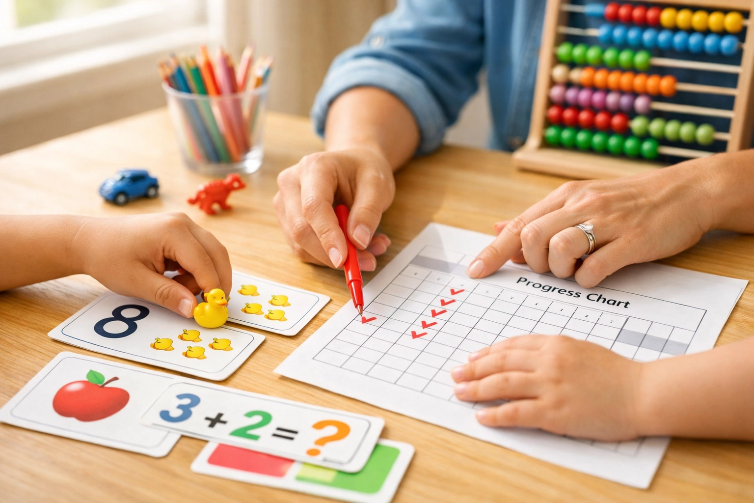 Parent and child hands working together during ABA therapy session with learning materials