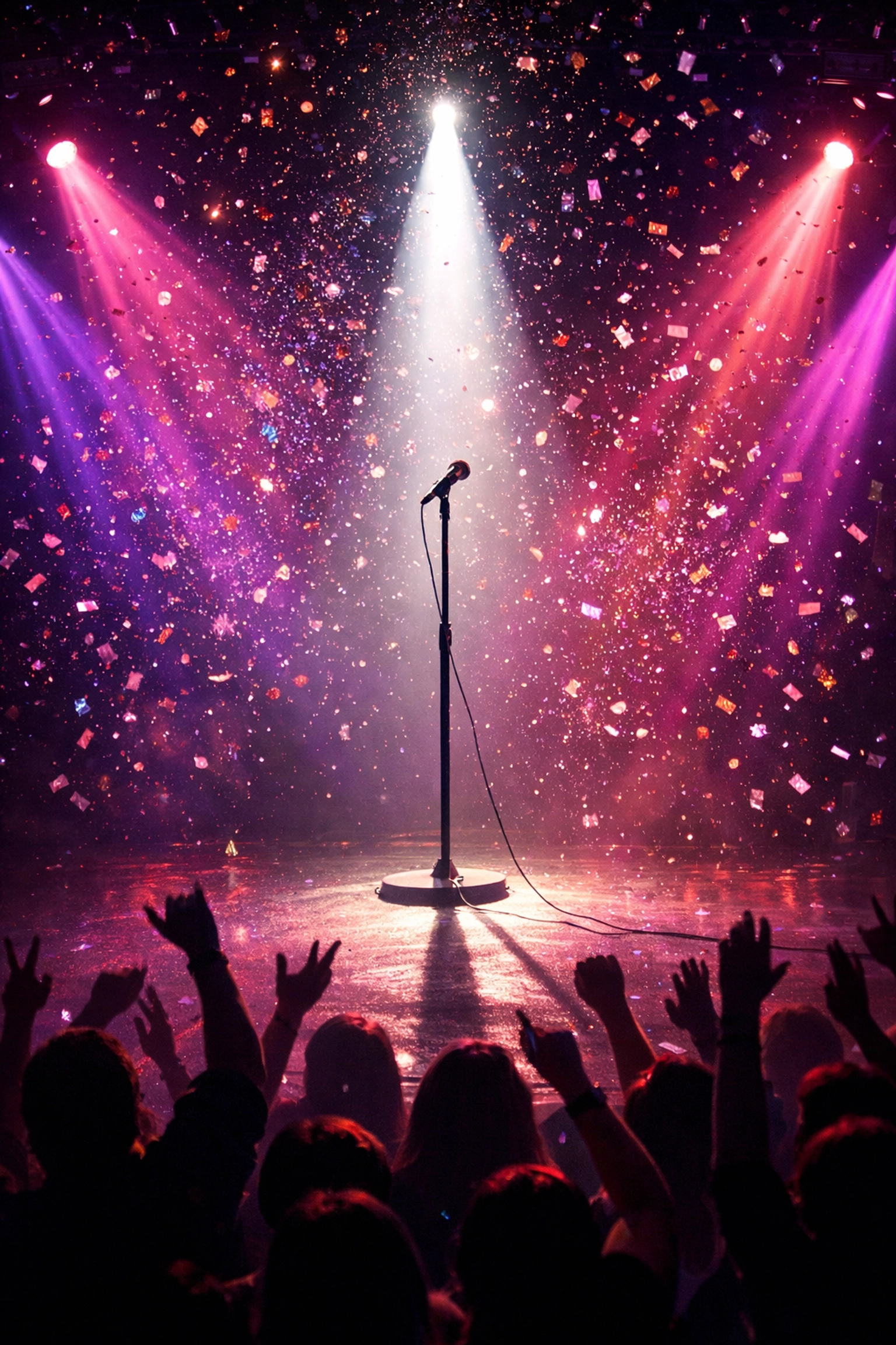 Theatrical stage with spotlight and microphone capturing Eurovision diva performance atmosphere