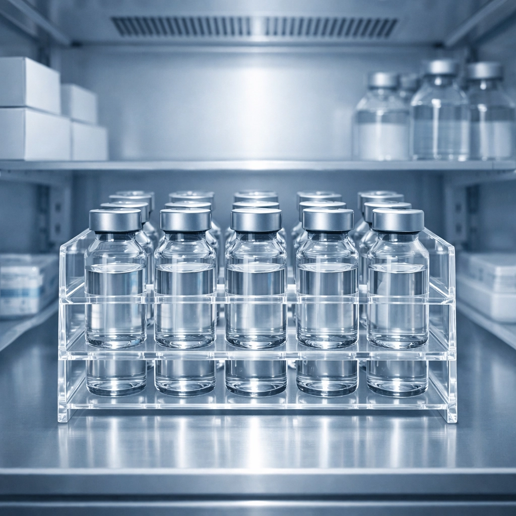 Research peptide vials organized inside a medical refrigerator for temperature-controlled cold storage.