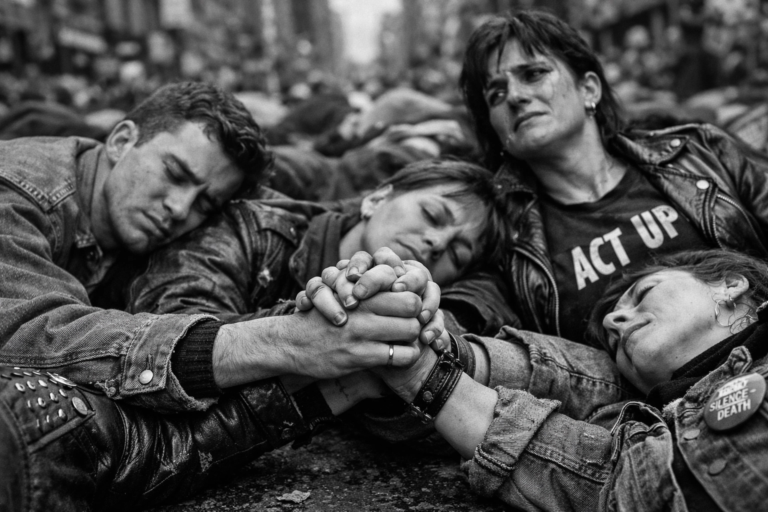 LGBTQ activists holding hands at an ACT UP die-in protest, showcasing the power of community and resistance.