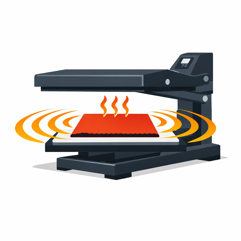 Heat press curing a fabric swatch for ink stabilization and final color matching verification.