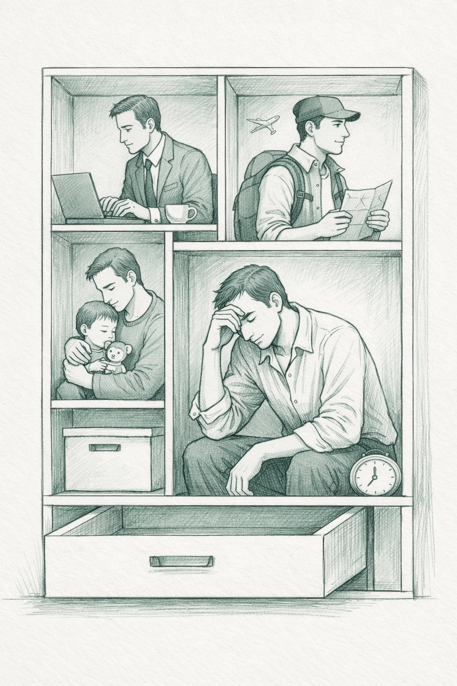 Man fragmented into compartments depicting double life in gay literary fiction