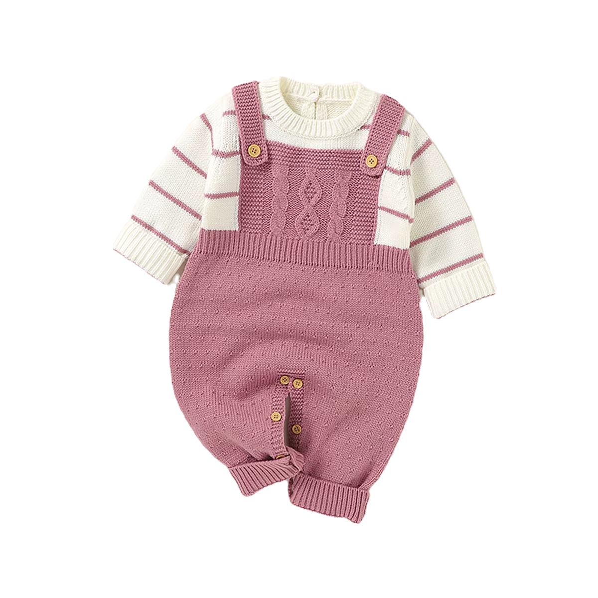 Pink knit baby romper with cable detail, worn over a cream and pink striped sweater. Wooden buttons accent the romper on a white background. Dusty Pink Knitted Jumpsuit