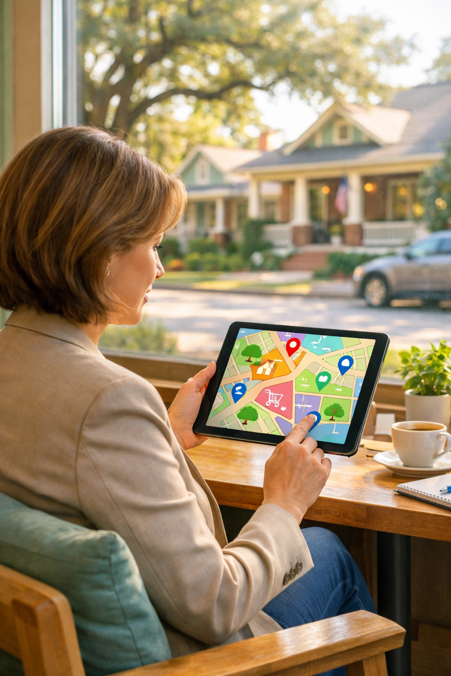 A realtor reviewing a local neighborhood map on a tablet to build hyperlocal SEO authority.