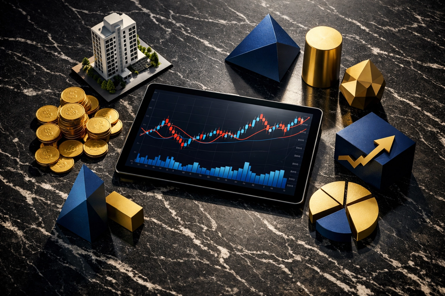 Alternative investment asset classes including real estate, commodities, and financial charts on desk