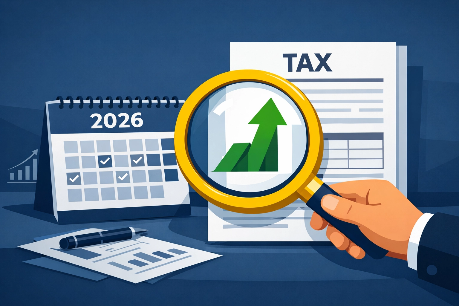 A 2026 tax update visual showing a magnifying glass over a calendar for proactive pro-forma tax planning.