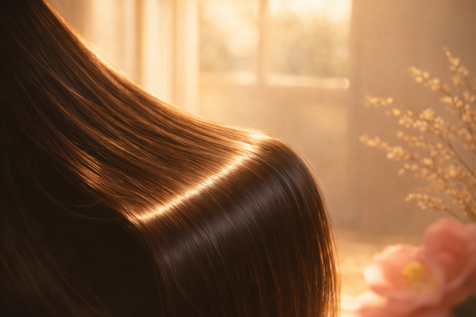 Close-up of glossy, sun-soaked hair catching warm light for a high-shine glass hair finish.
