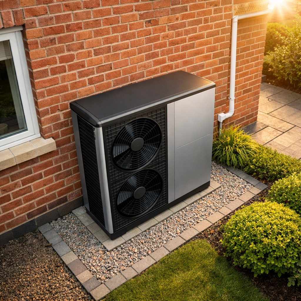 Modern air-source heat pump installed at a Yate rental property for improved energy efficiency.