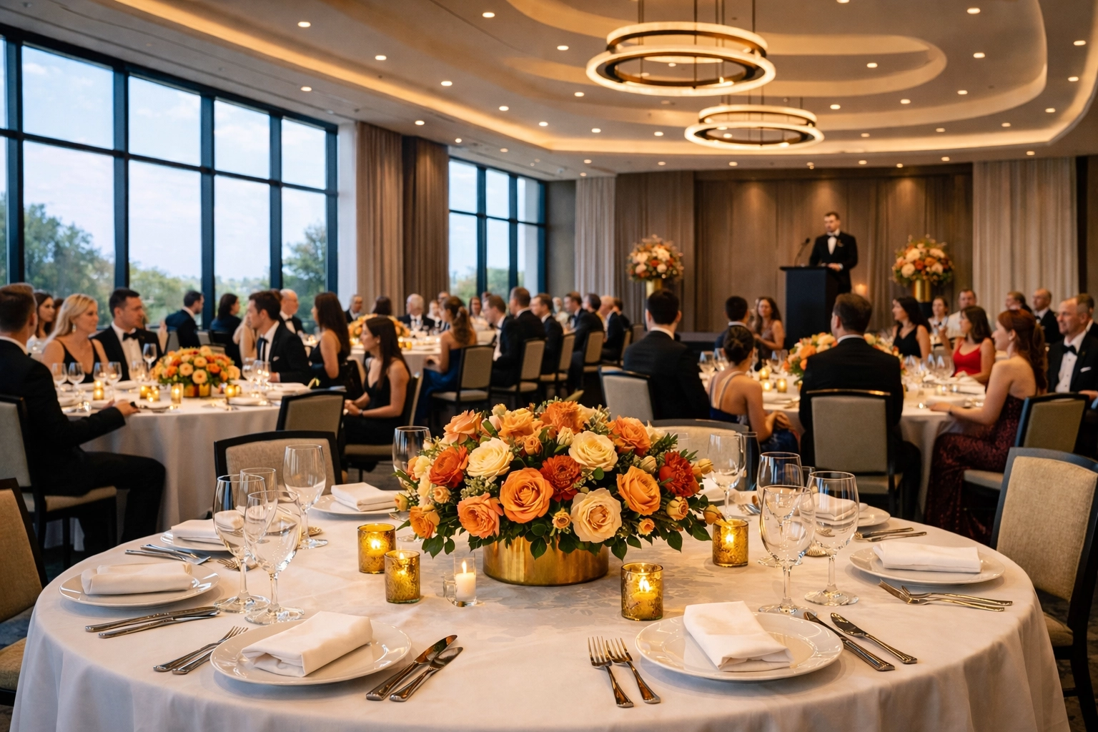 Indoor banquet space set with tables for a community fundraising event.