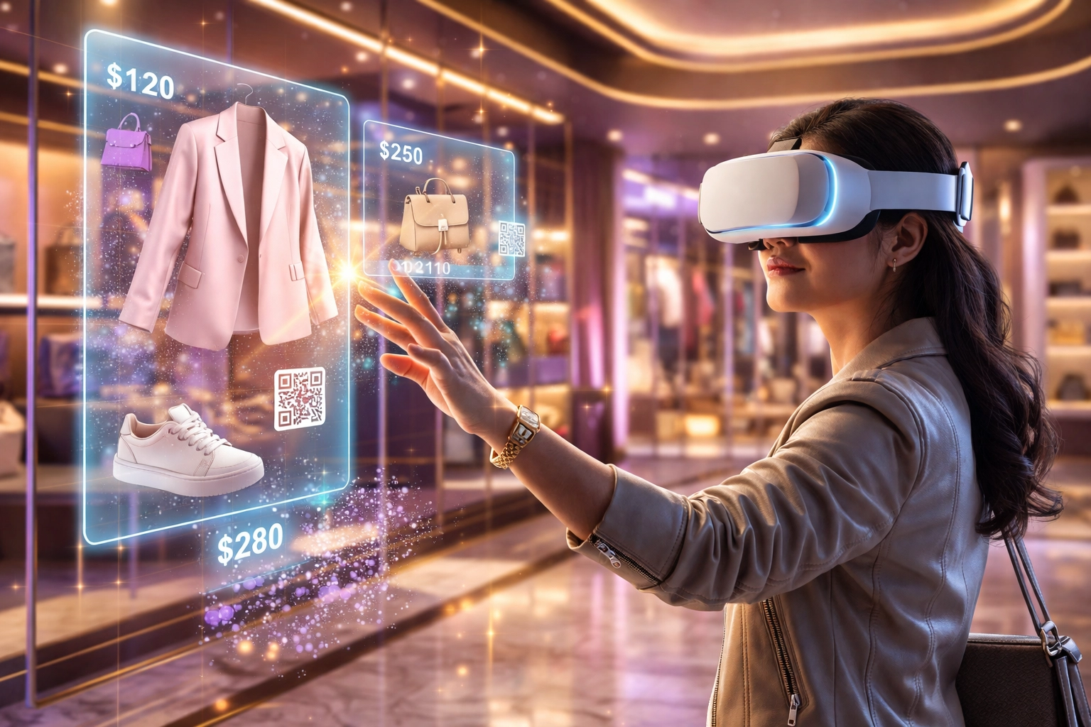 Shopper using VR headset in a virtual store to purchase clothing with LUSD in the metaverse