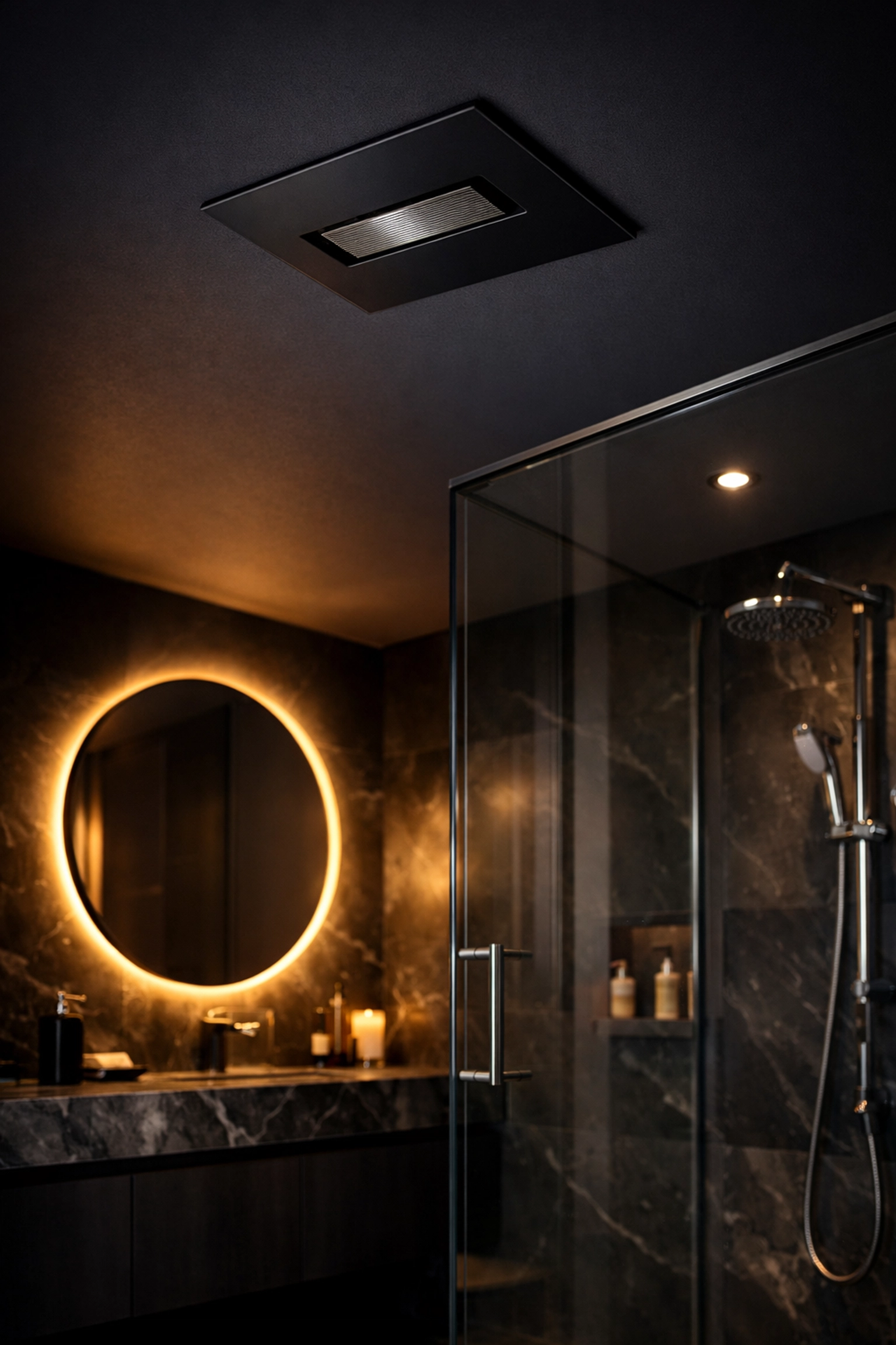 Modern bathroom ventilation featuring a ceiling extraction fan for moisture control and a steam-free atmosphere.