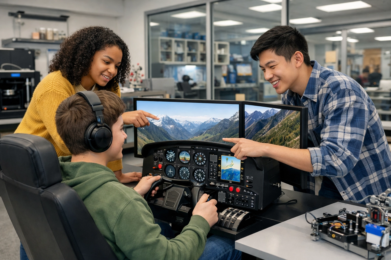 Diverse students collaborating at a space-efficient STEM flight simulator station in high school.