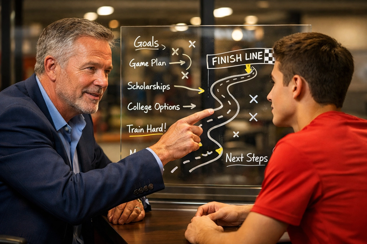 Professional recruiting mentor guiding a student athlete through a personalized strategy session.