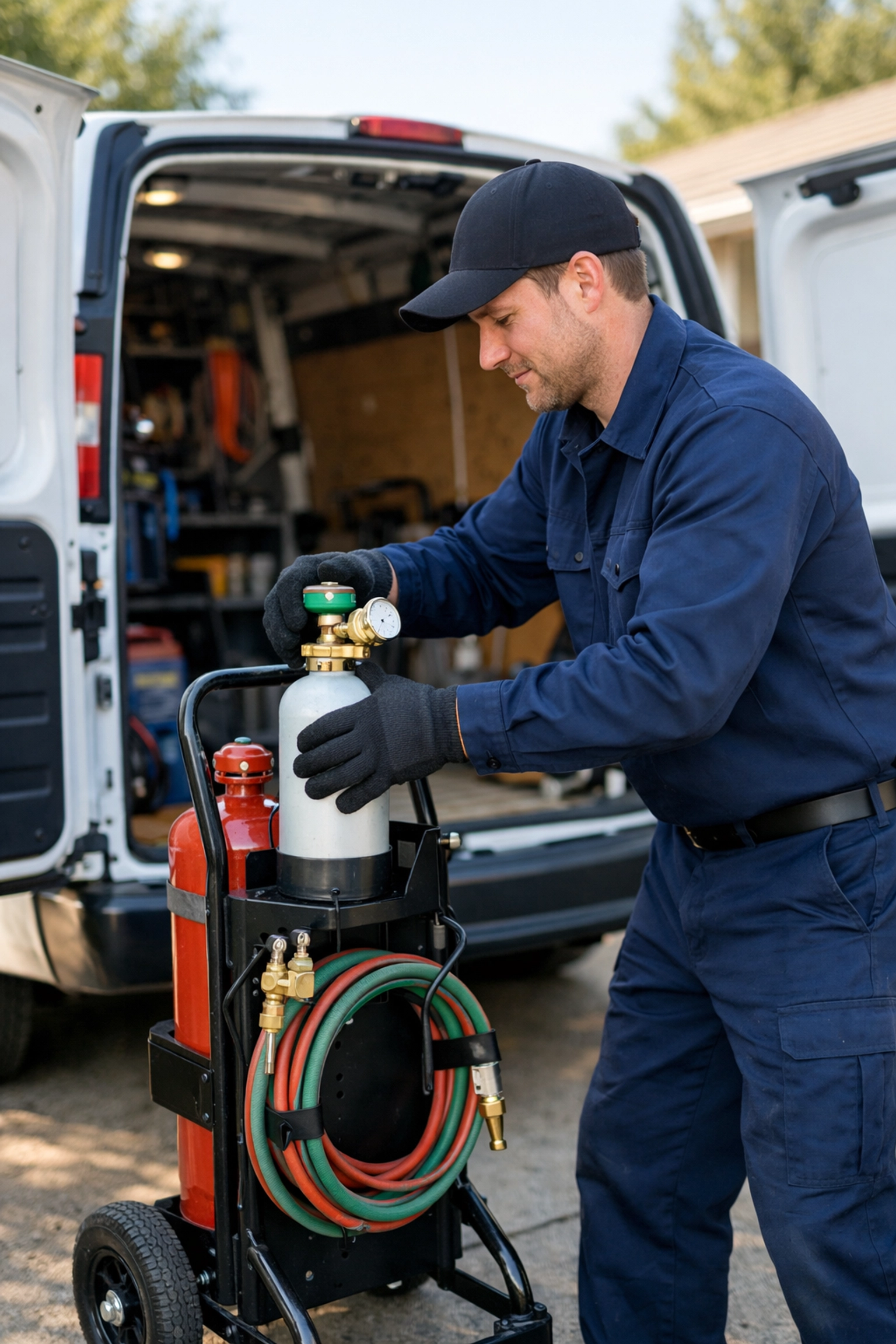 Worker loading a portable 2L refillable welding gas bottle into a van for mobile repairs.