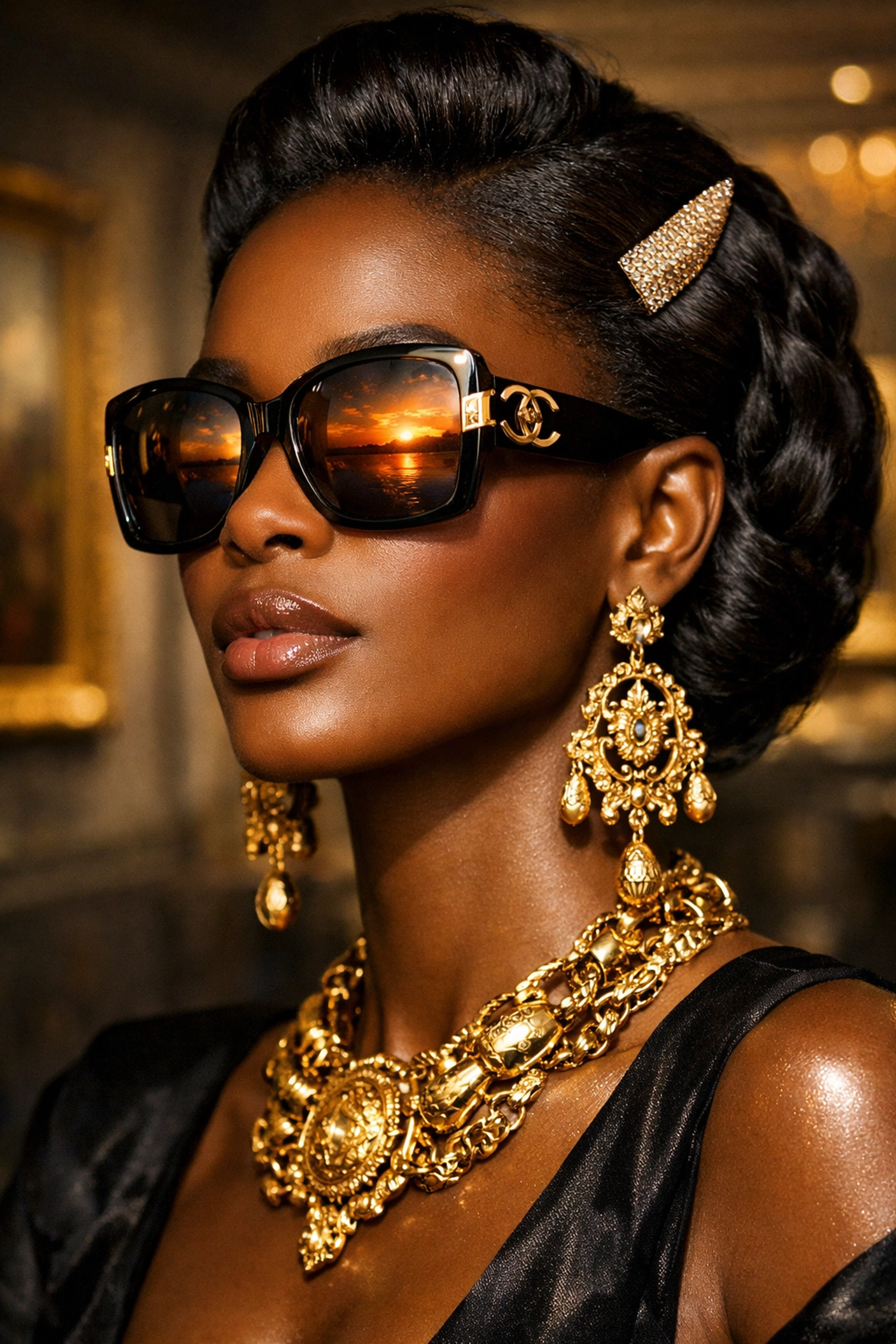 Elegant Black woman wearing gold jewelry and designer sunglasses as a Buyblack style architect.