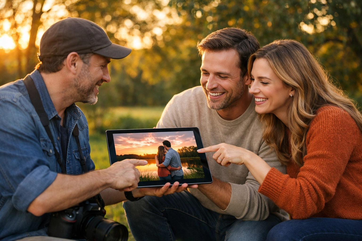 Photographer showing high-definition wedding photos to a smiling couple on a digital tablet.