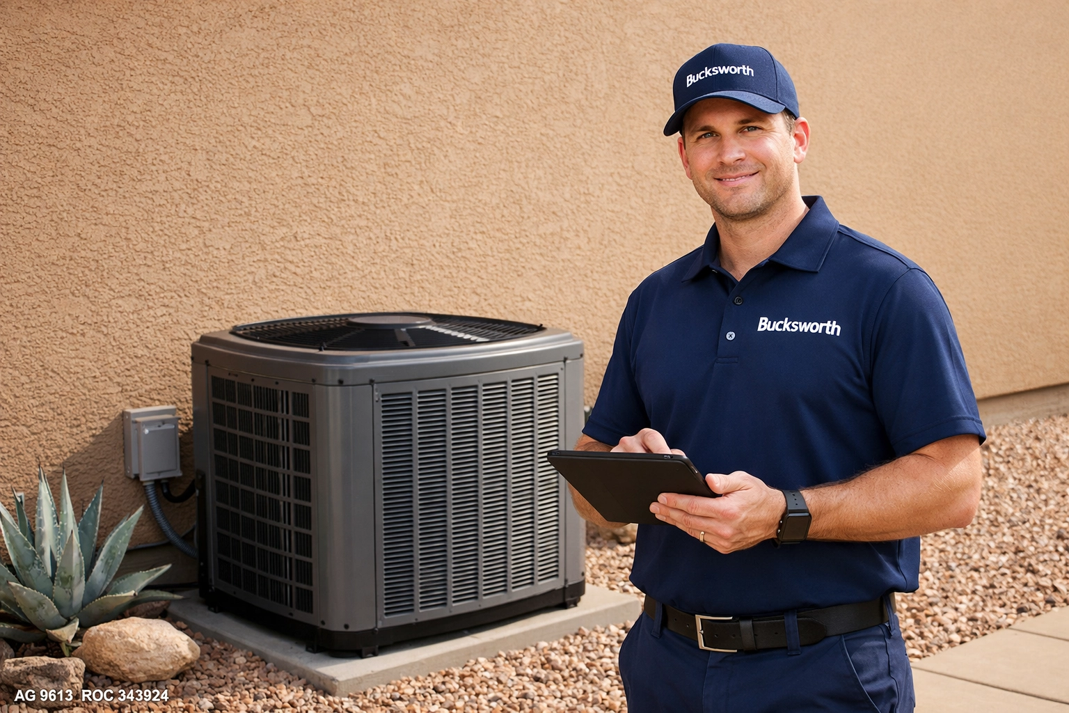 Bucksworth Home Services technician performing professional AC maintenance in a Peoria backyard.