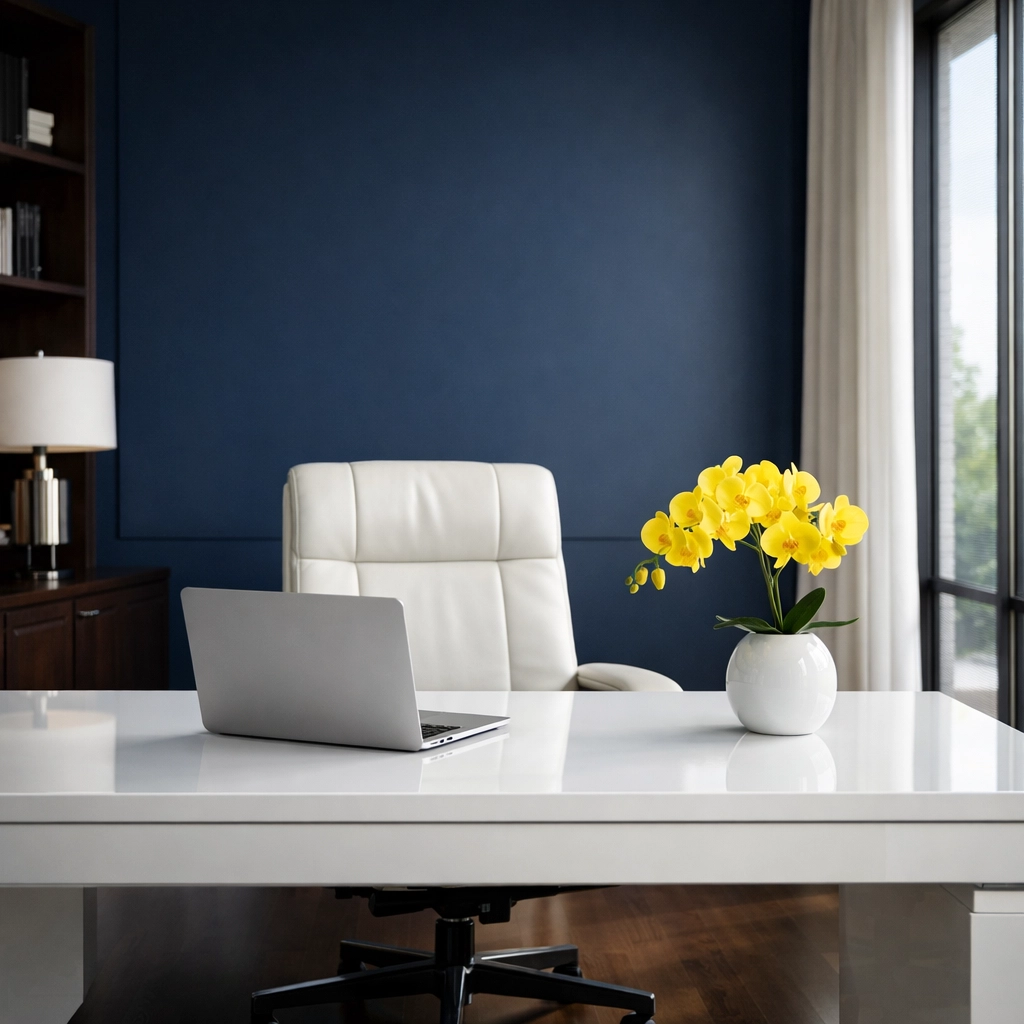 Luxury home office with navy blue walls, illustrating the connection between house cleaning and professional income.