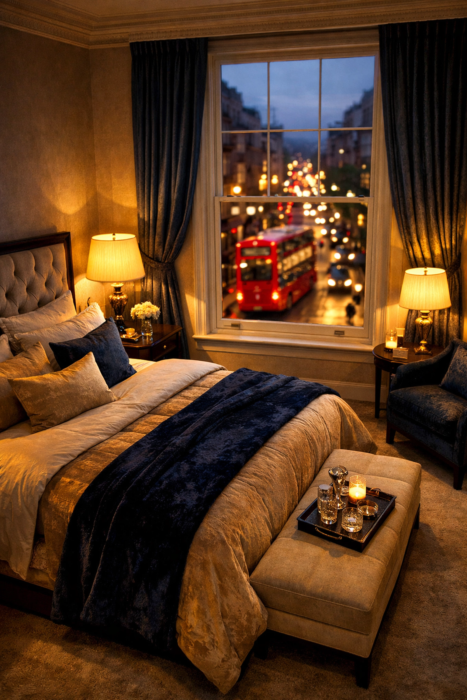 Luxury Belgravia bedroom with secondary glazing blocking out London street noise for a quiet sanctuary