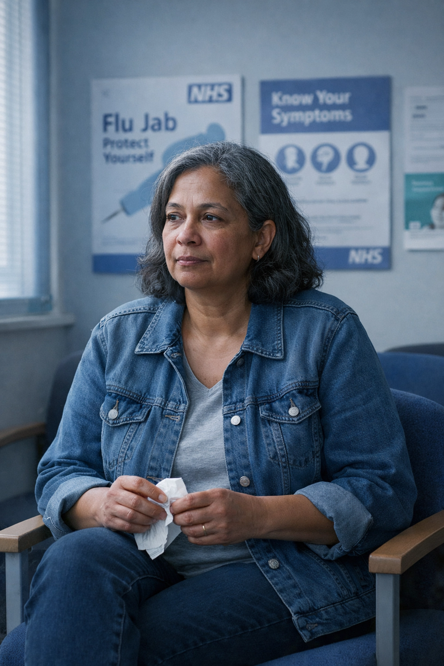 COPD patient in NHS GP waiting room showing early respiratory symptoms before diagnosis