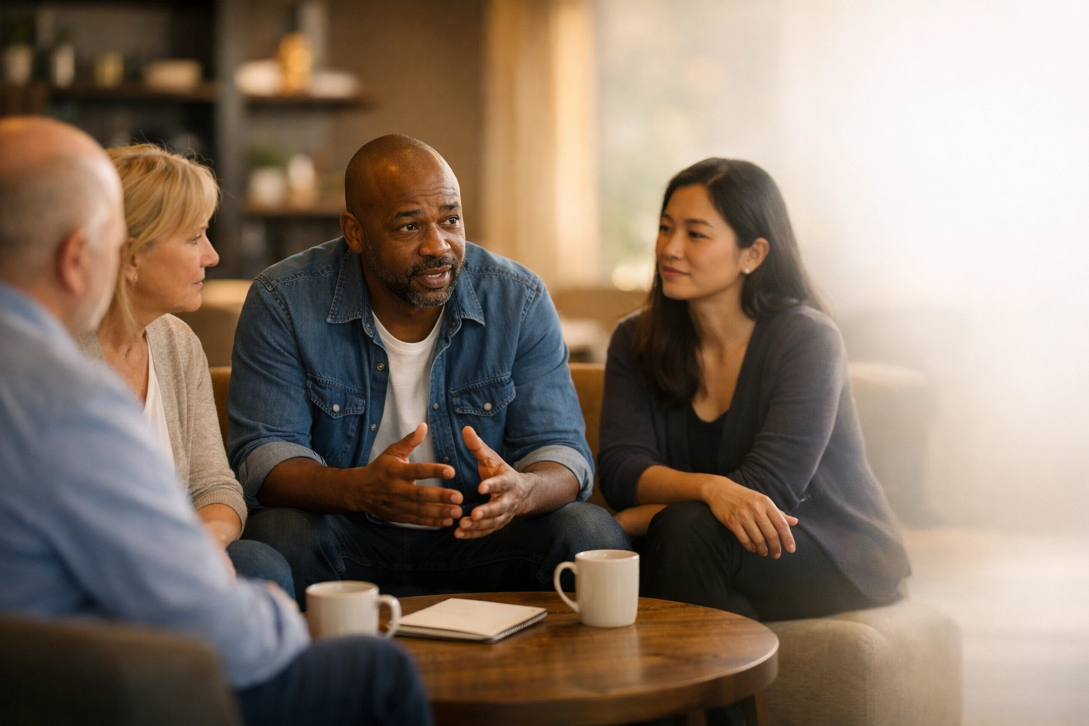 Sober founders sharing honest feedback and radical transparency during a professional mastermind meeting.