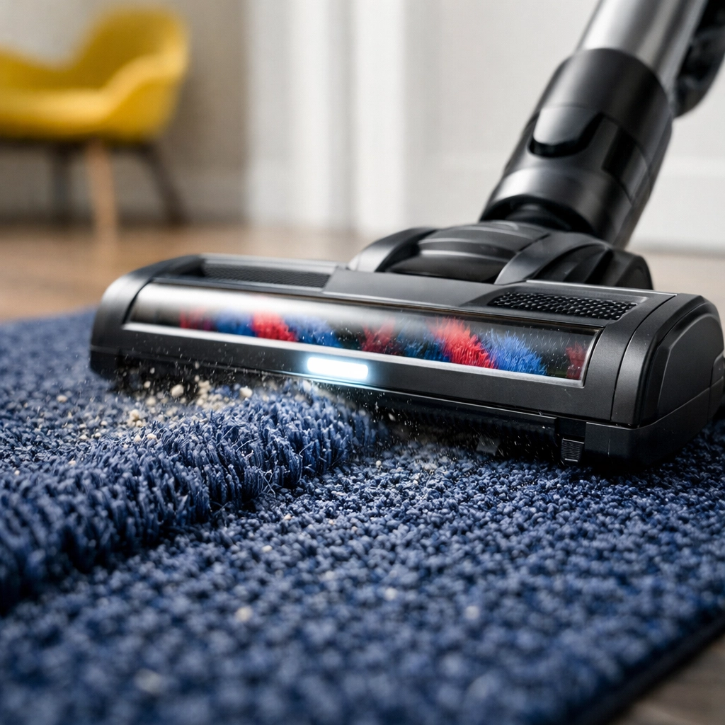 Vacuuming a navy blue synthetic doormat in a bright entryway for deep dirt removal.
