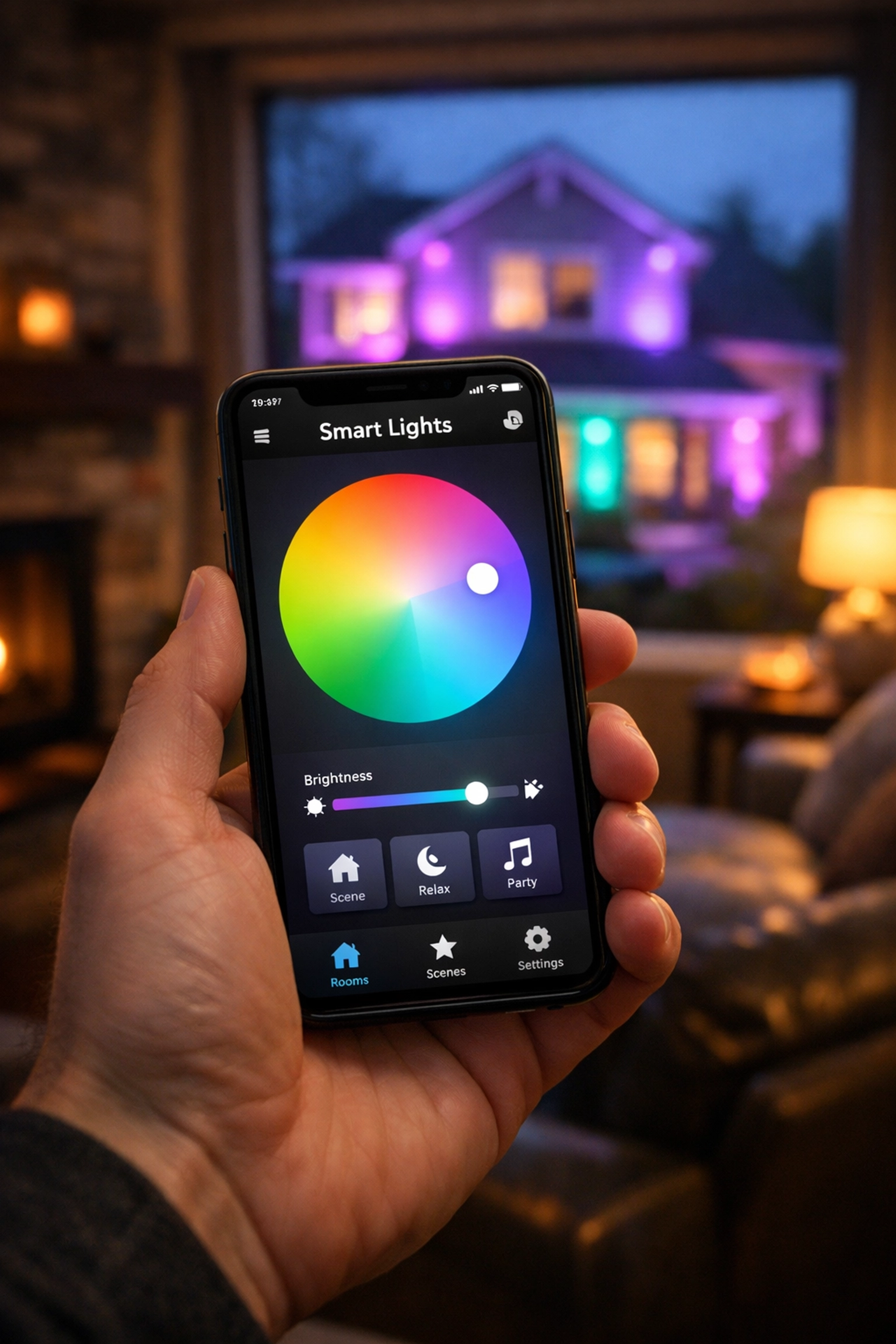 Controlling home exterior lighting colors using a smartphone app for custom holiday displays.