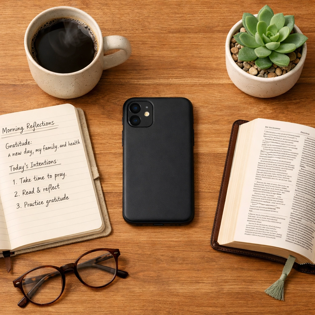 Phone face-down on table with Bible, journal, and coffee showing intentional morning routine