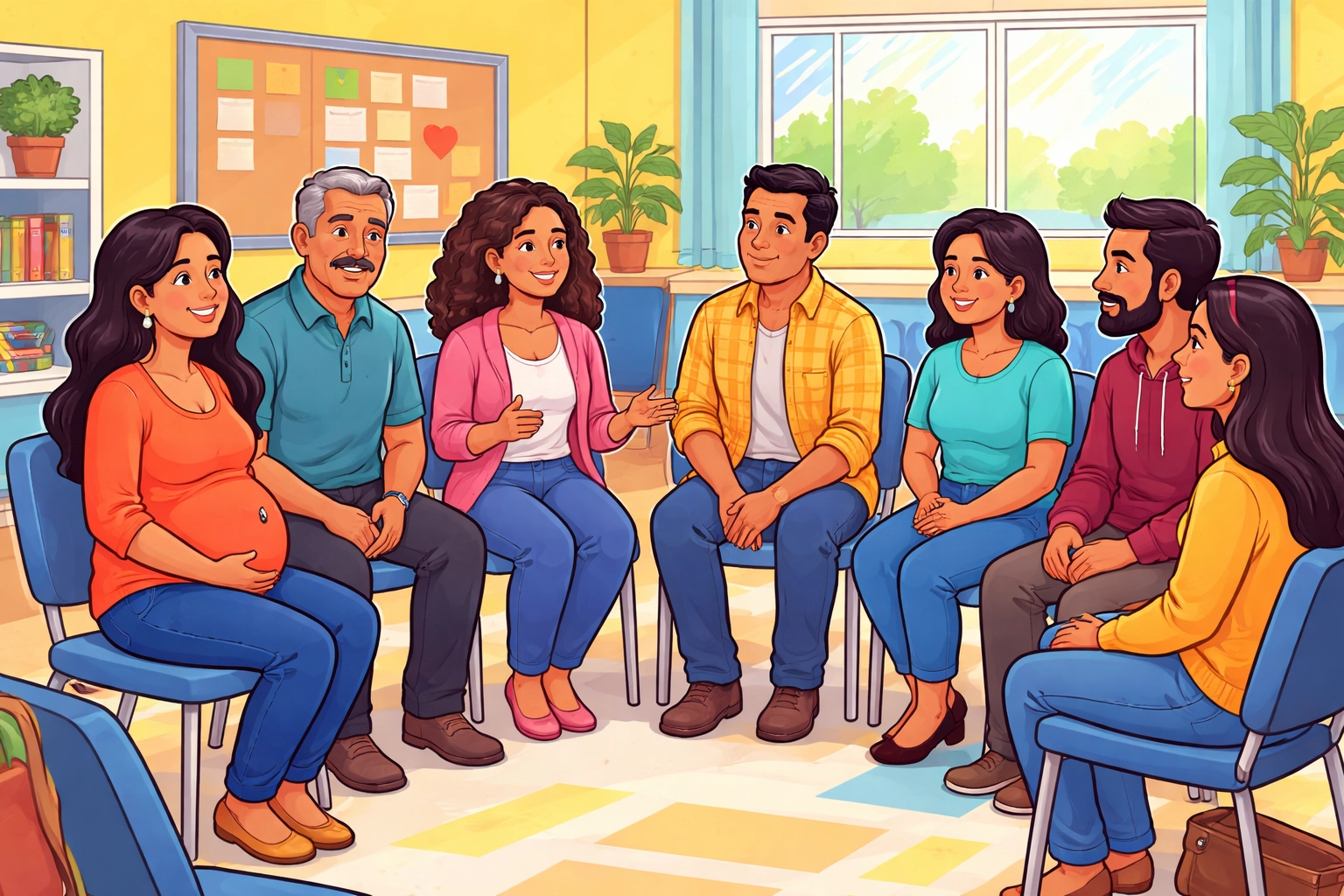 Grupo de padres latinos participa en un círculo de apoyo comunitario sobre diagnóstico y servicios para autismo.