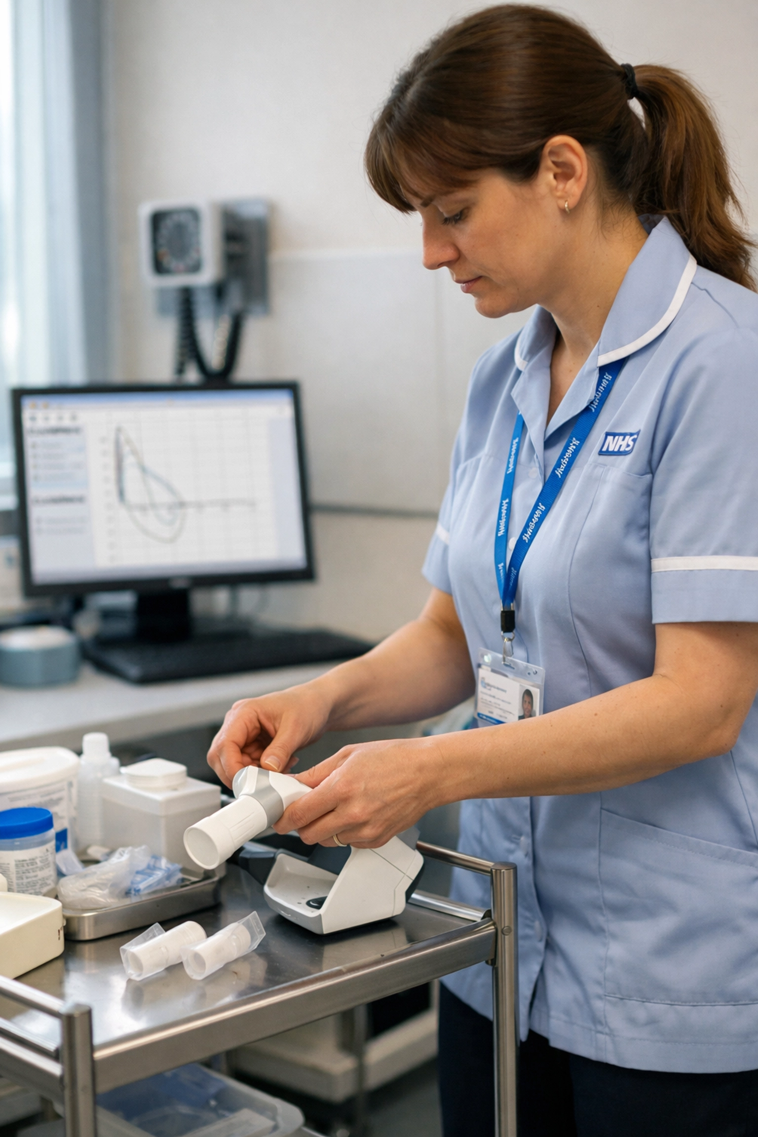NHS clinician preparing spirometry equipment in a community diagnostic centre for respiratory testing.