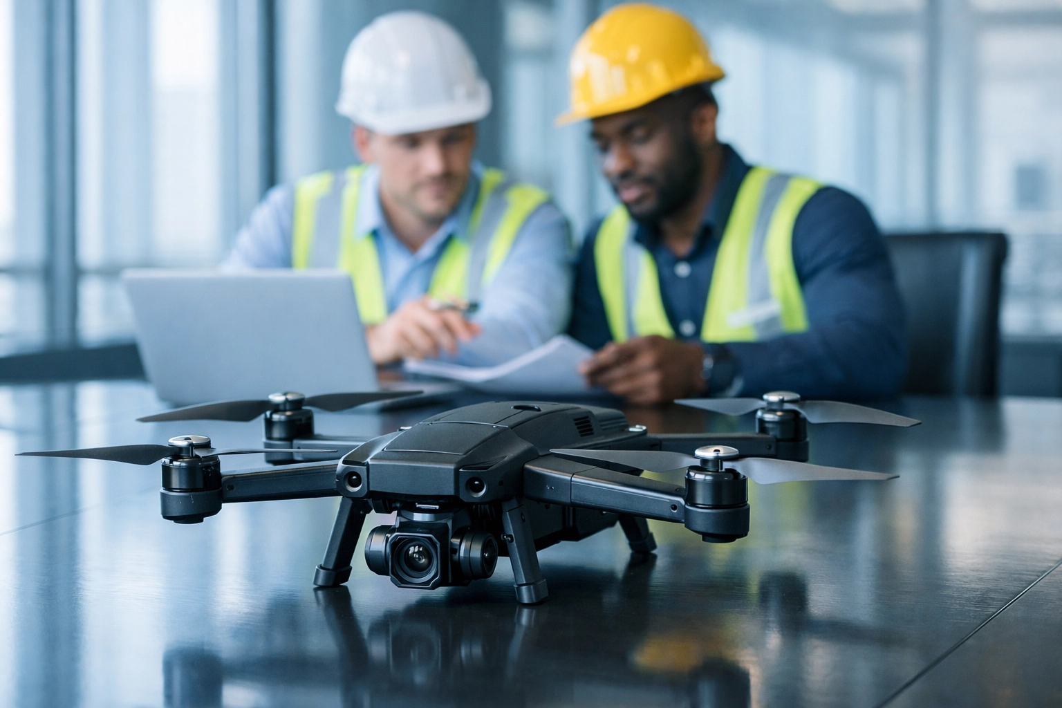NDAA-compliant drone on conference table with construction professionals reviewing compliance documents