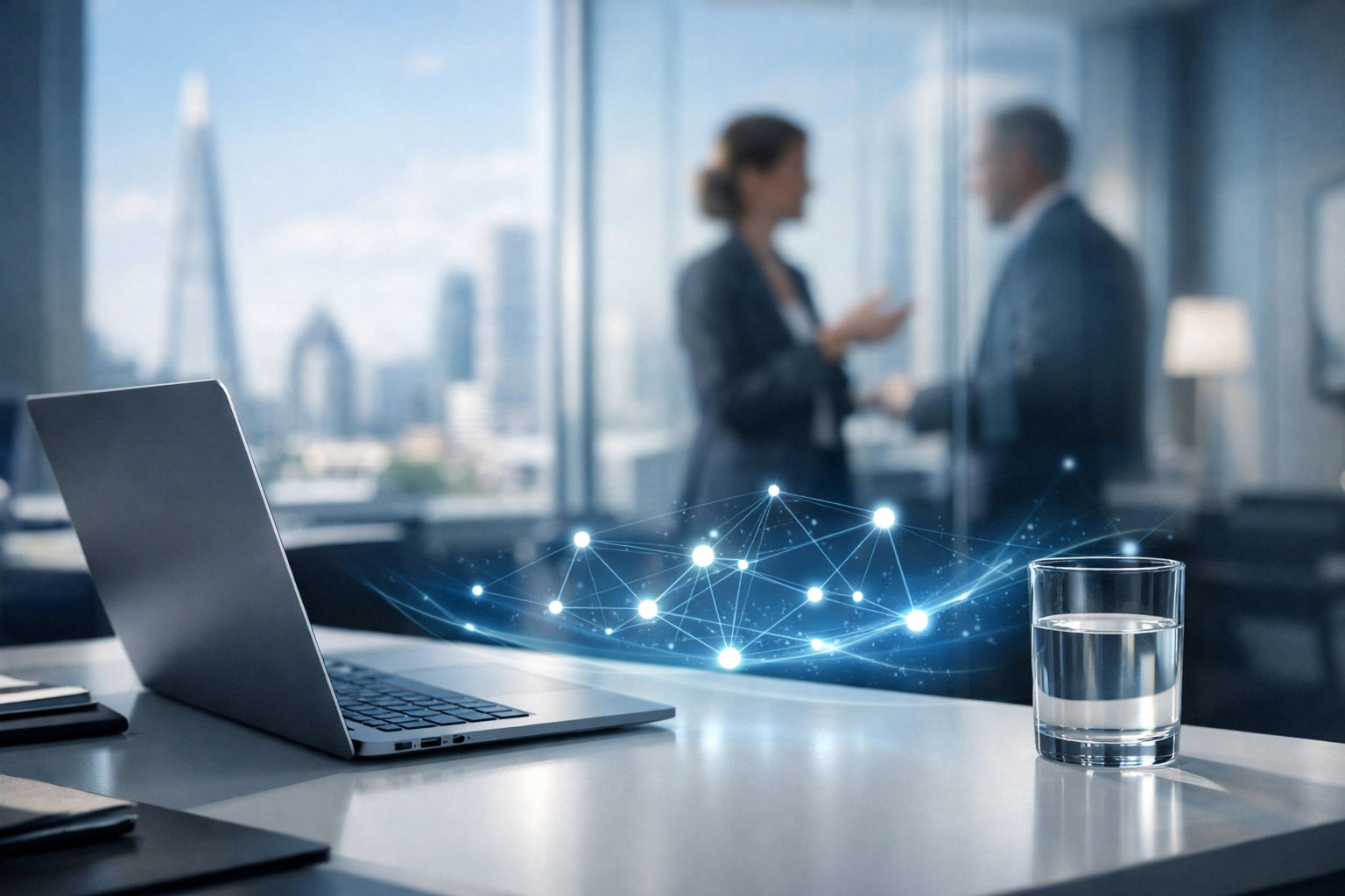 A modern executive workspace illustrating the collaborative intelligence model between human experts and AI agents.