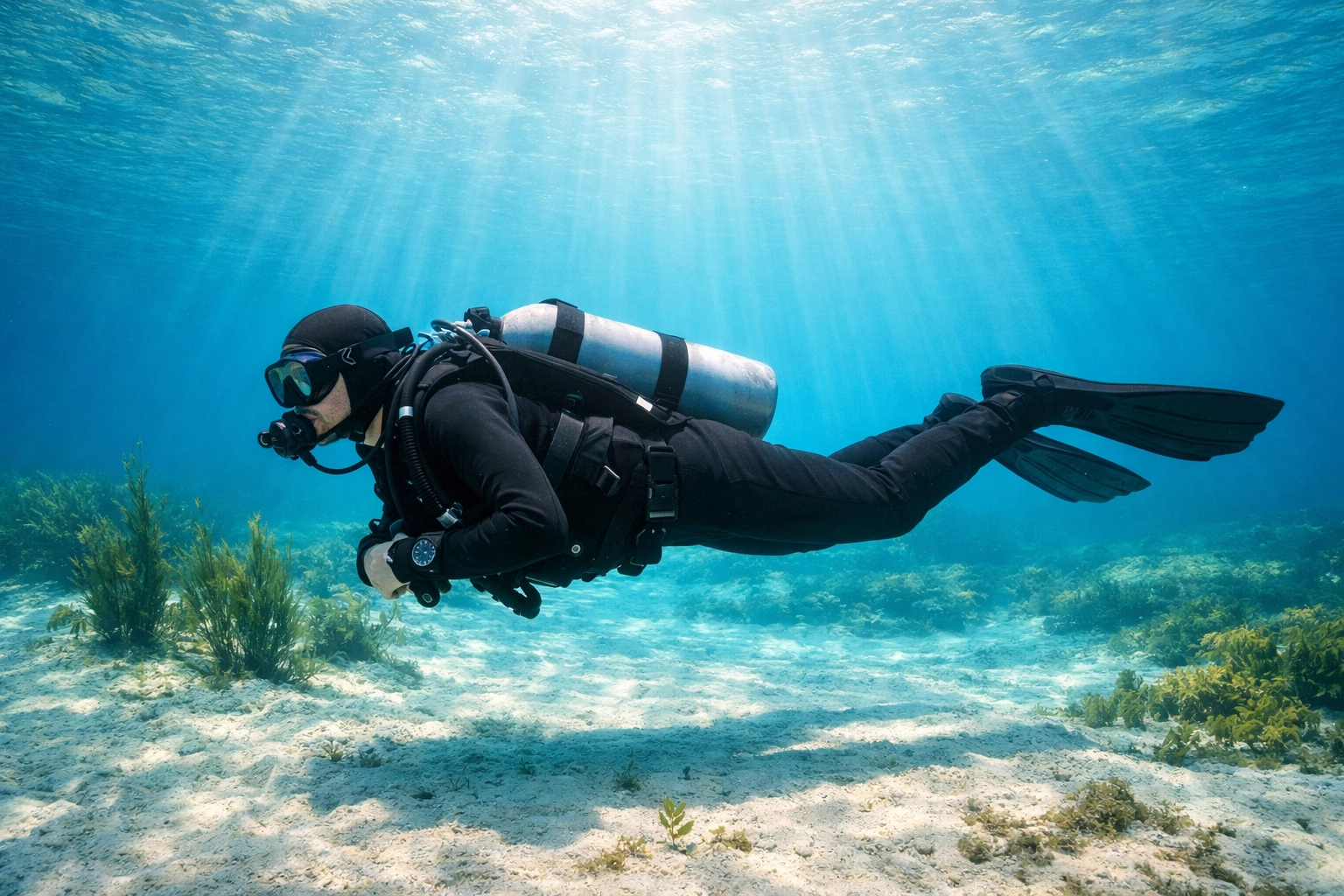 Taucher in perfekter Tarierung im Süßwasser des Goitzschesees