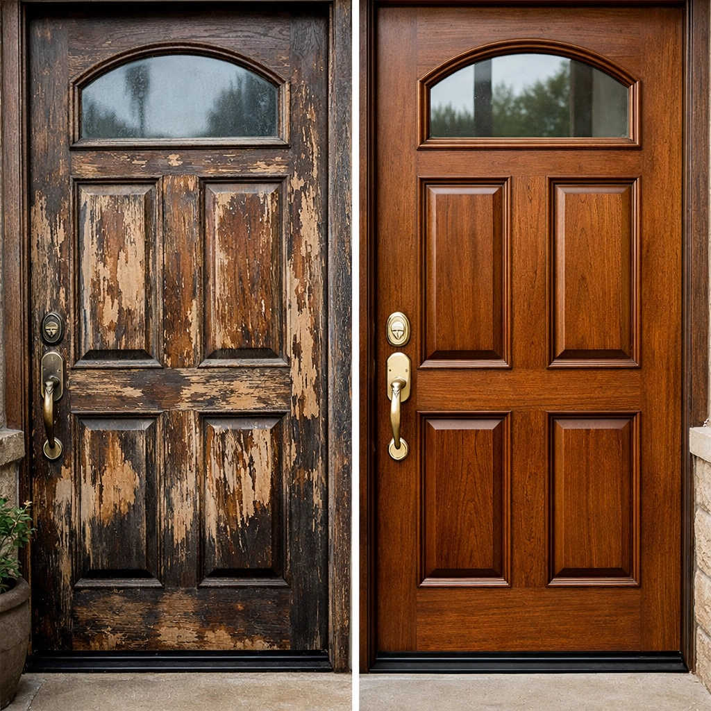 Before and after comparison of wooden entrance door coating restoration