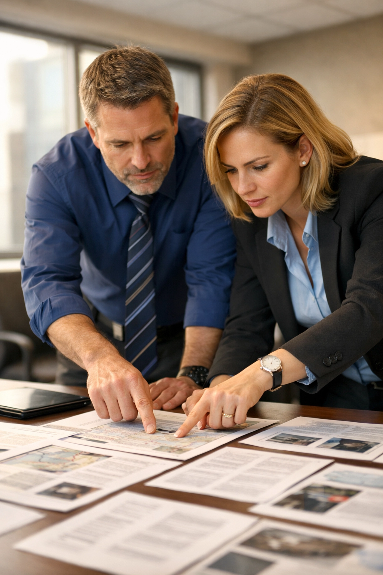 Expert investigators reviewing legal documents and evidence to ensure a thorough commercial investigation.