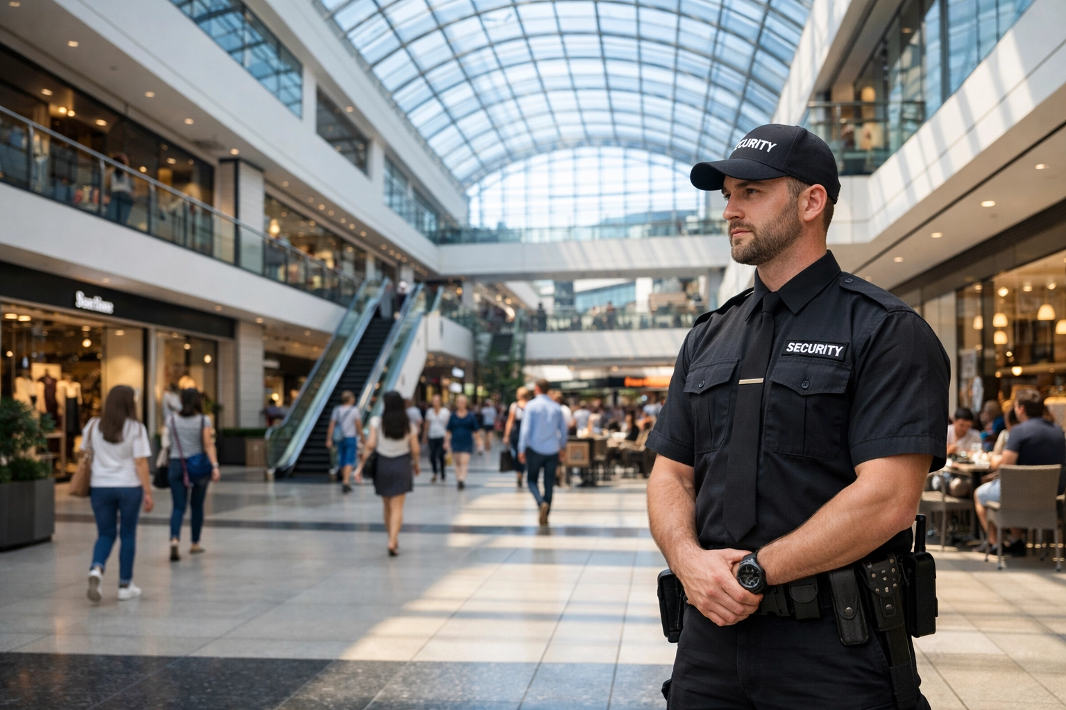 Professional security guard patrolling a modern shopping centre atrium for Martyn's Law compliance.