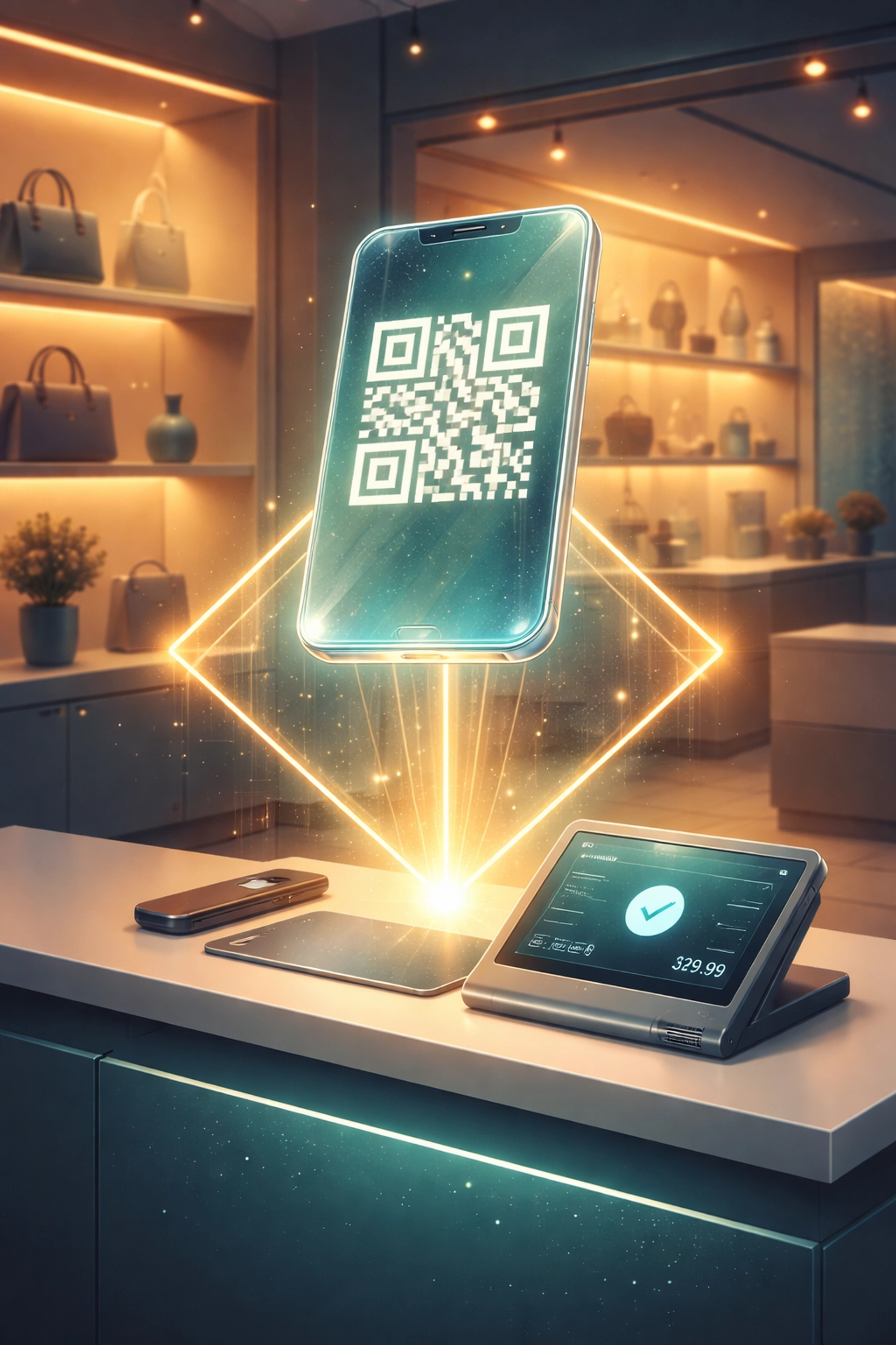 A modern store counter with a smartphone scanning a QR code, highlighting Larecoin's innovative, low-fee crypto POS payments.