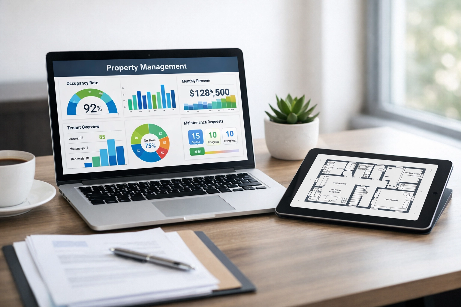 Property management desk with laptop displaying turnover data analytics and unit floor plans