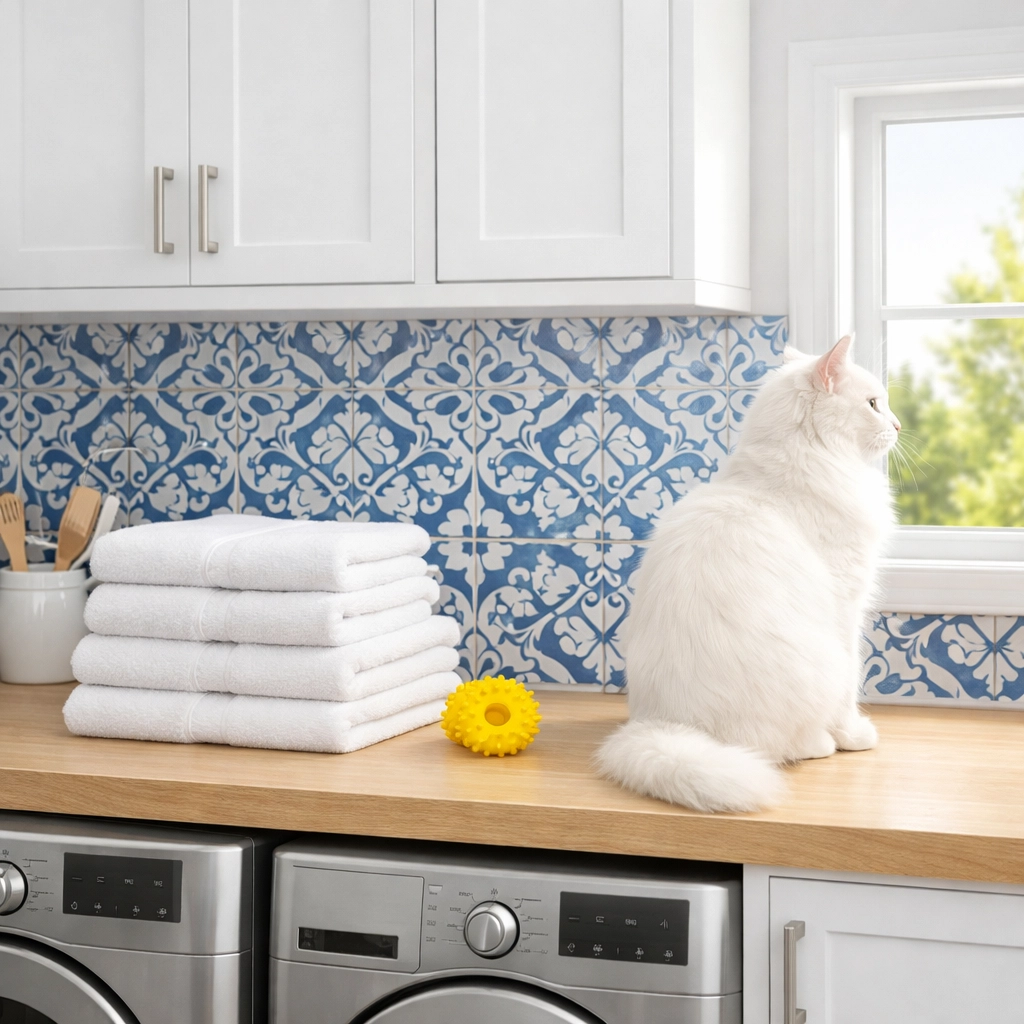 Pristine laundry room with a pet cat and freshly cleaned towels using eco-friendly washing tips.
