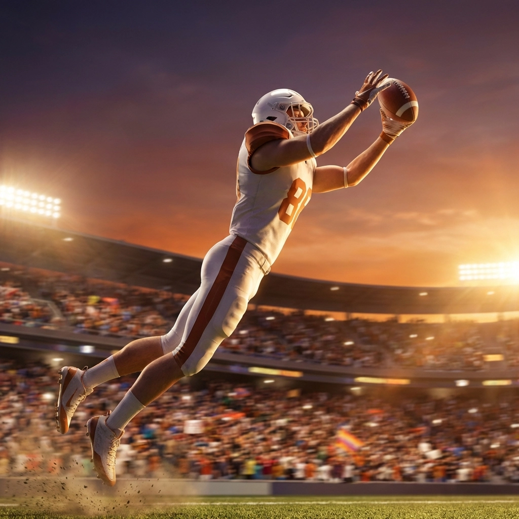 College football tight end leaping for a catch in dramatic stadium, symbolizing Jack Van Dorselaer's transfer commitment