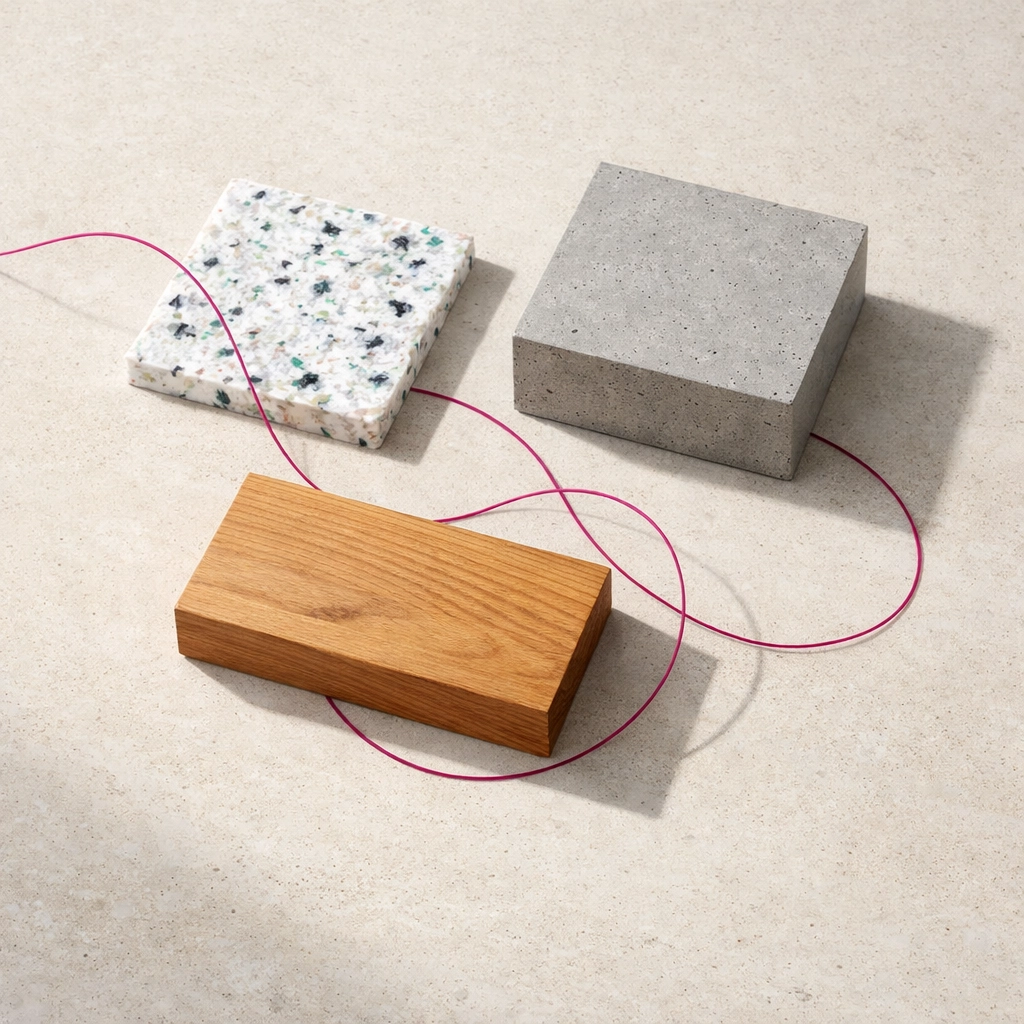 Sustainable construction material samples including recycled plastic board representing EPD lifecycle and carbon data.