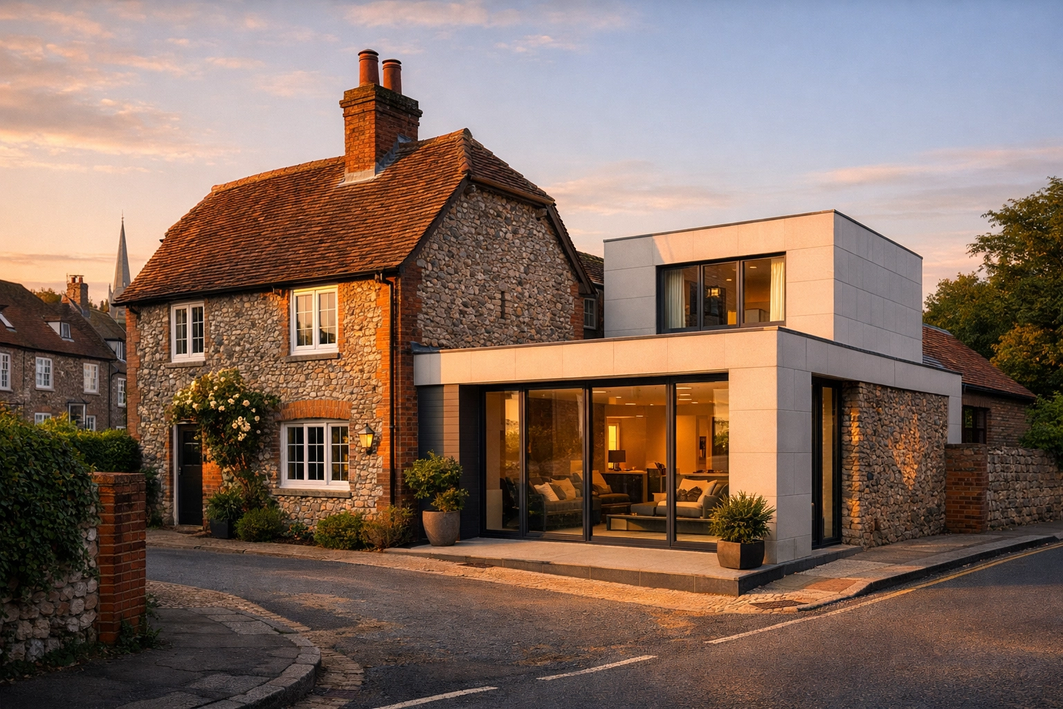 Modern house extension blending with traditional flint-walled architecture in Chichester, West Sussex.