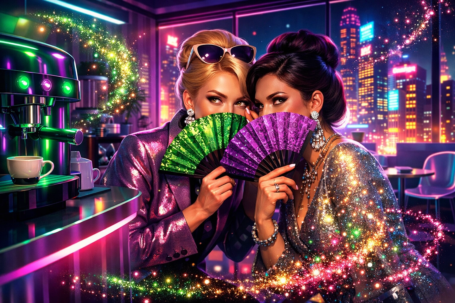 Colleagues whispering in a neon office breakroom, illustrating workplace gossip about office romances.