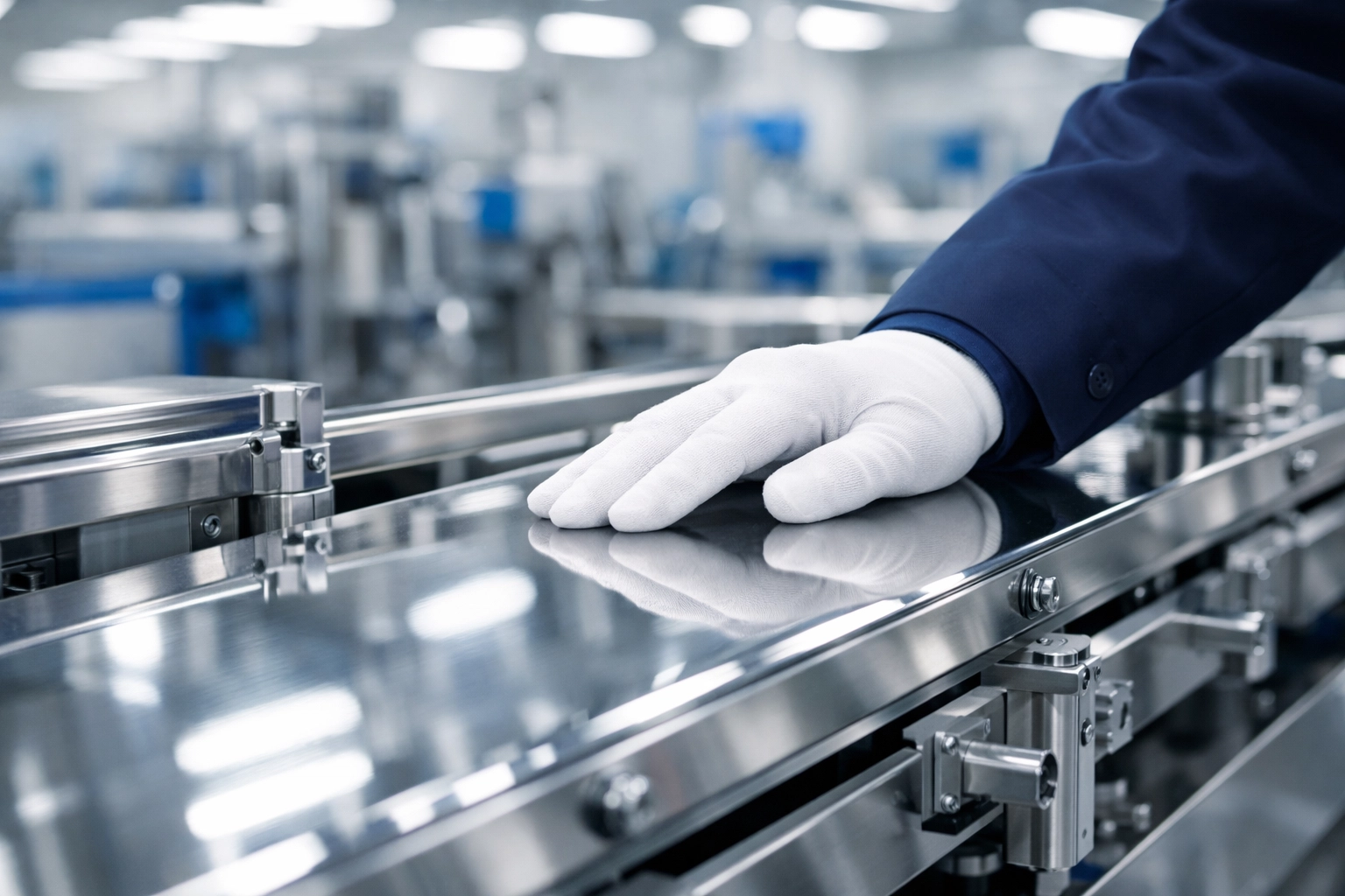 Quality inspection of a clean stainless steel production line after professional commercial cleaning.