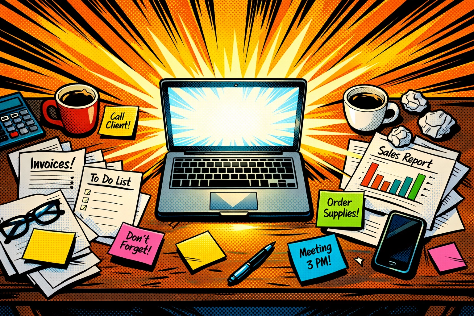 Small business owner's desk with AI assistant on laptop showing breakthrough moment